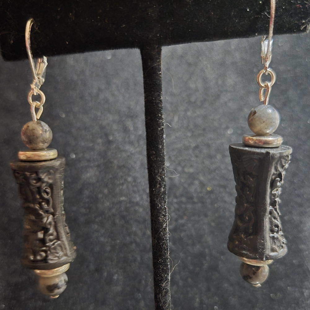 Artisan Black Carved Cinnabar And Larvikite Earrings - Picture 3 of 3